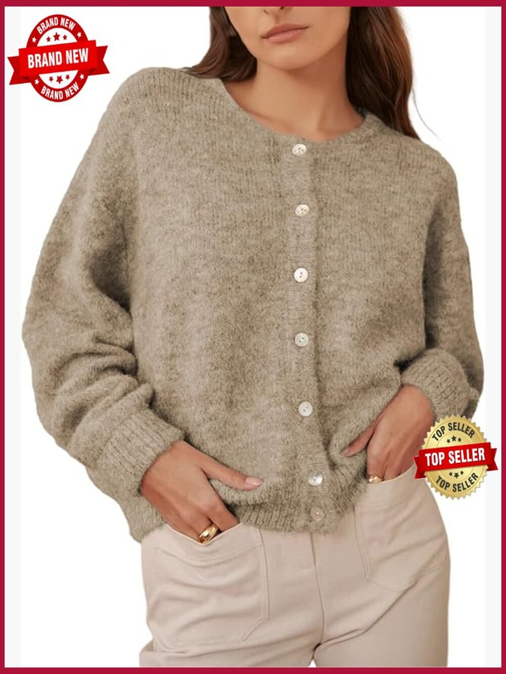Cardigan Sweater Front Button Loose Long Sleeve Crewneck Lightweight Knit